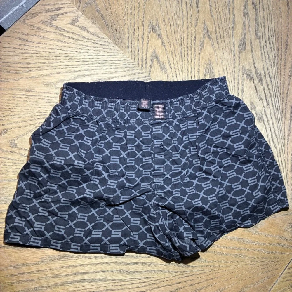 Savage X Fenty Mens Monogram Logo Woven Boxers Black Grey Button Fly Large